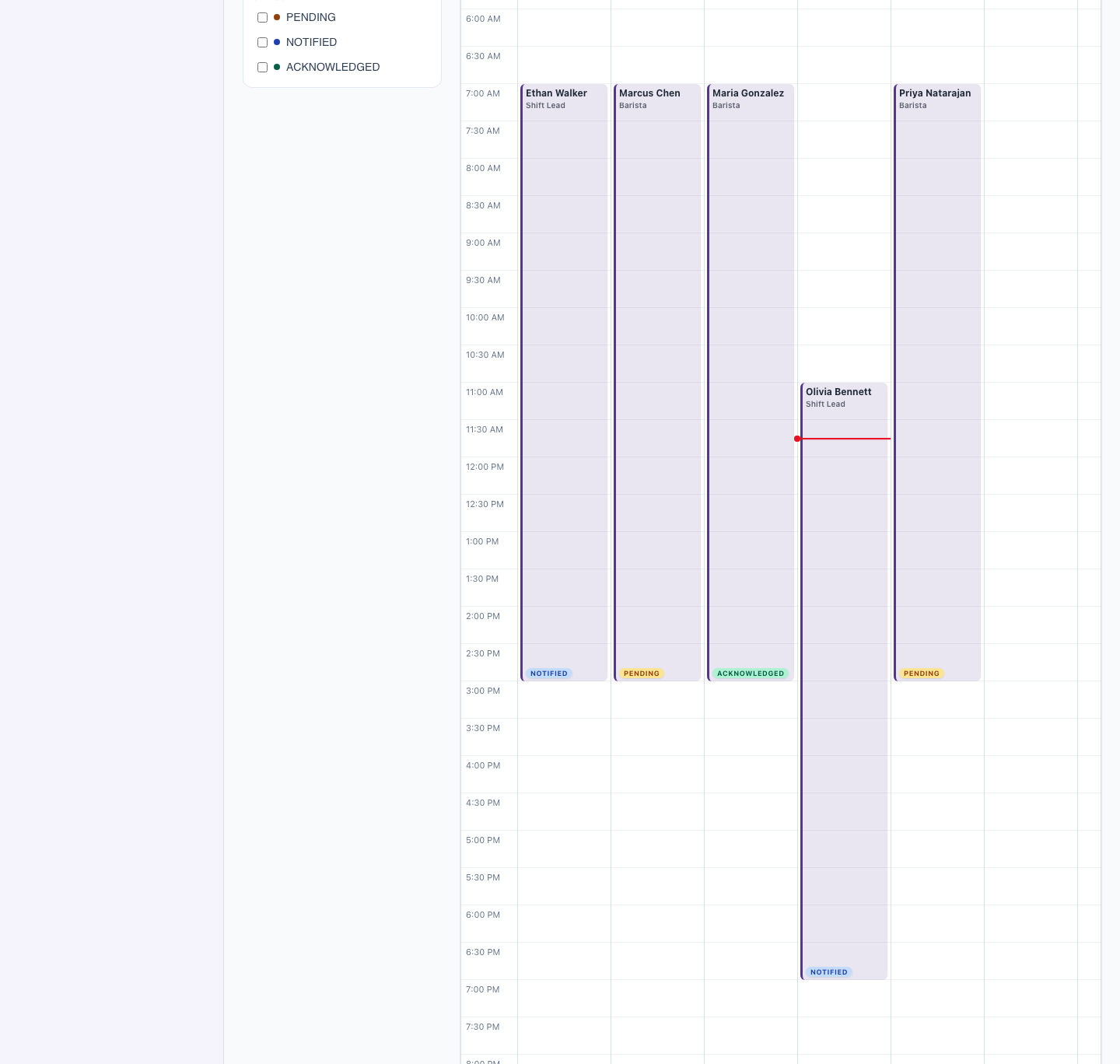 ScheduleSpark weekly schedule calendar showing worker shifts across the week with pending, notified, and acknowledged status badges